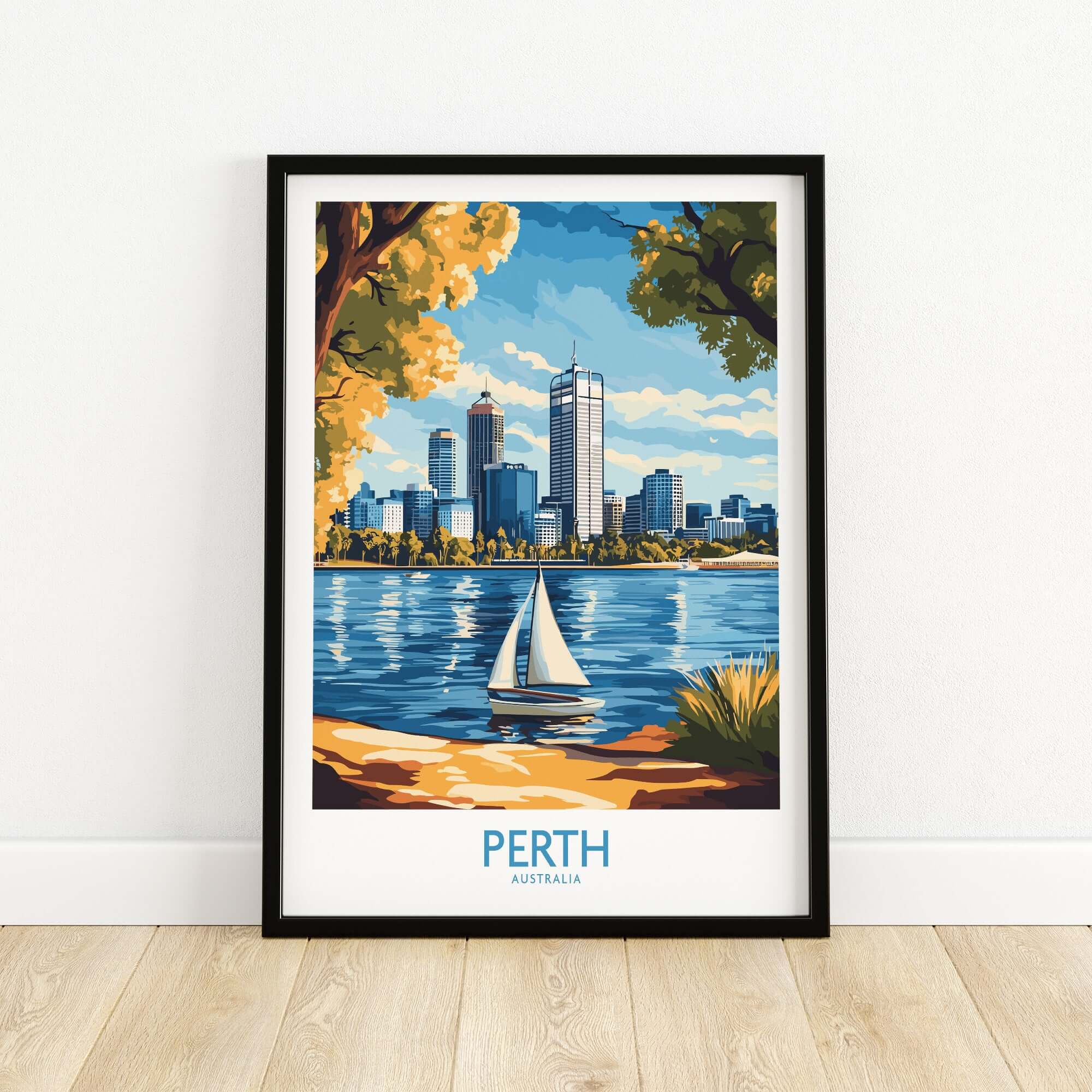 Perth Wall Art Print featuring a vibrant cityscape and sailboat design, perfect for home or office decor.