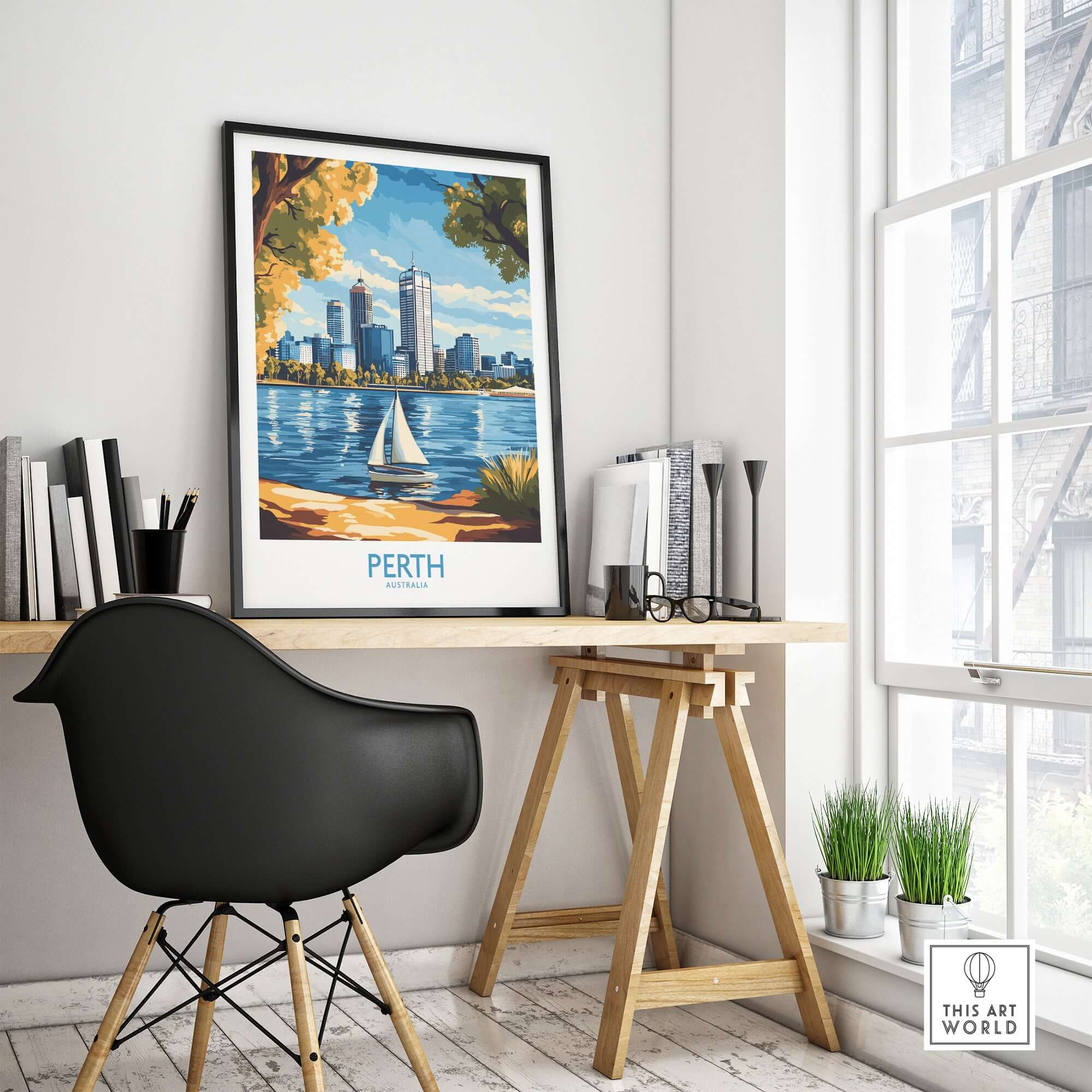 Perth Wall Art Print displayed in a modern workspace, showcasing vibrant cityscape and decorative elements.