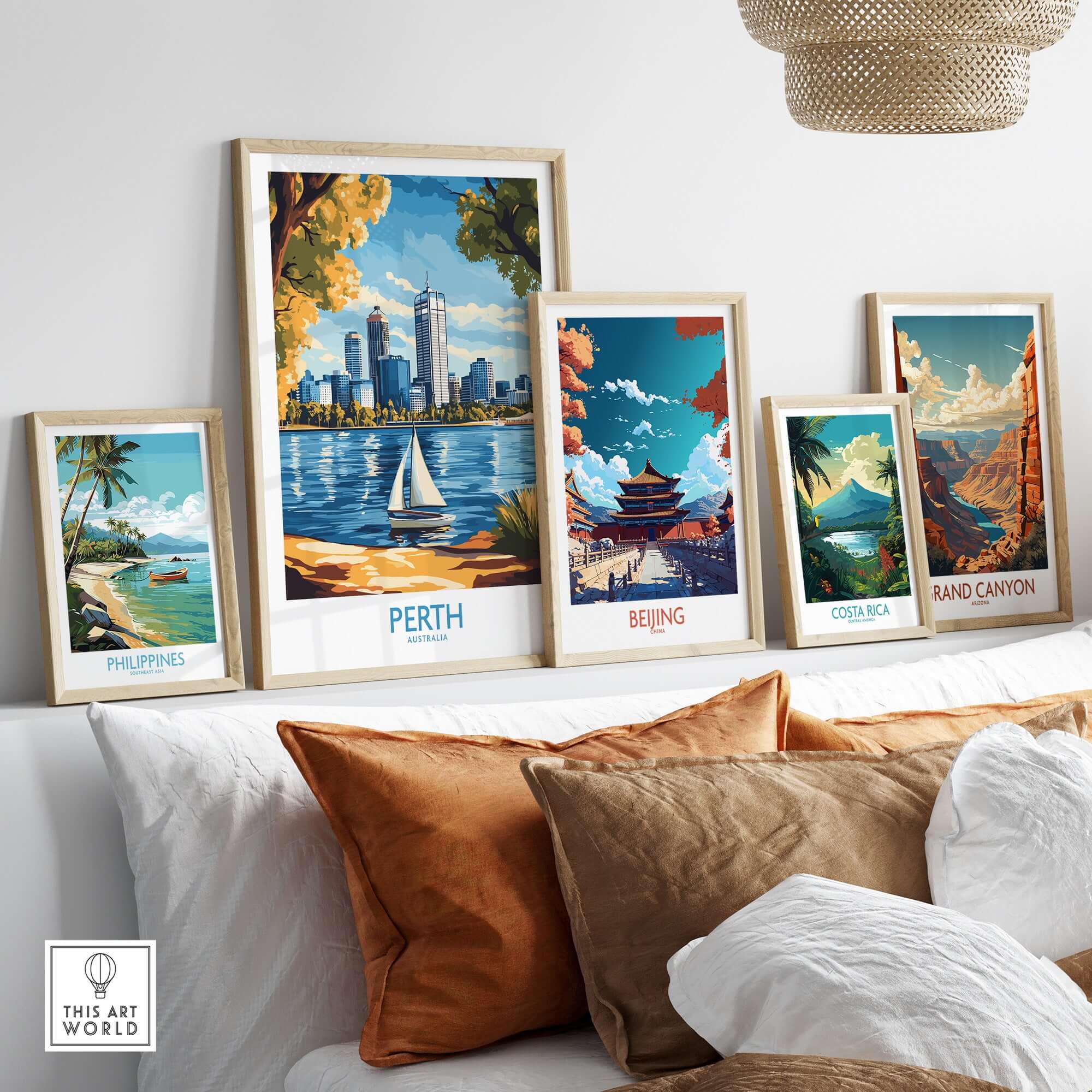 Perth Wall Art Print showcased among other travel-themed prints on a stylish shelf in a cozy living room setting.