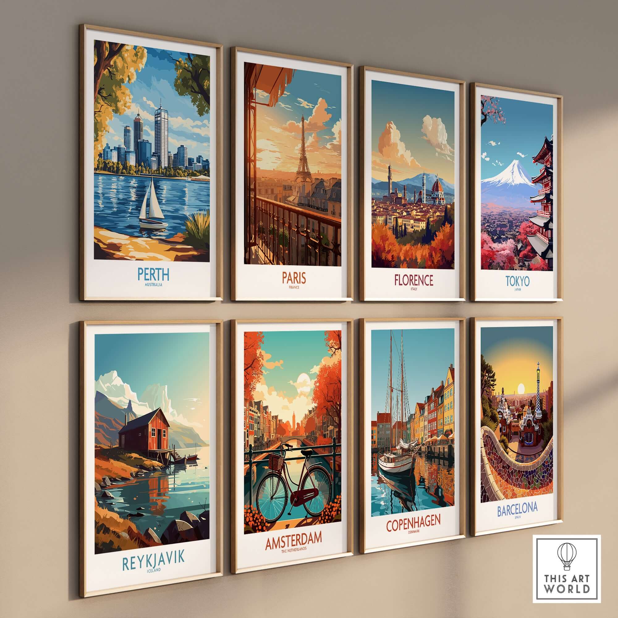 Perth Wall Art Print among other cityscape art prints, showcasing vibrant designs of popular locations.