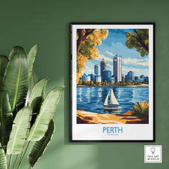 Perth Wall Art Print showcasing a vibrant cityscape with a sailboat on the water and greenery in a modern setting.