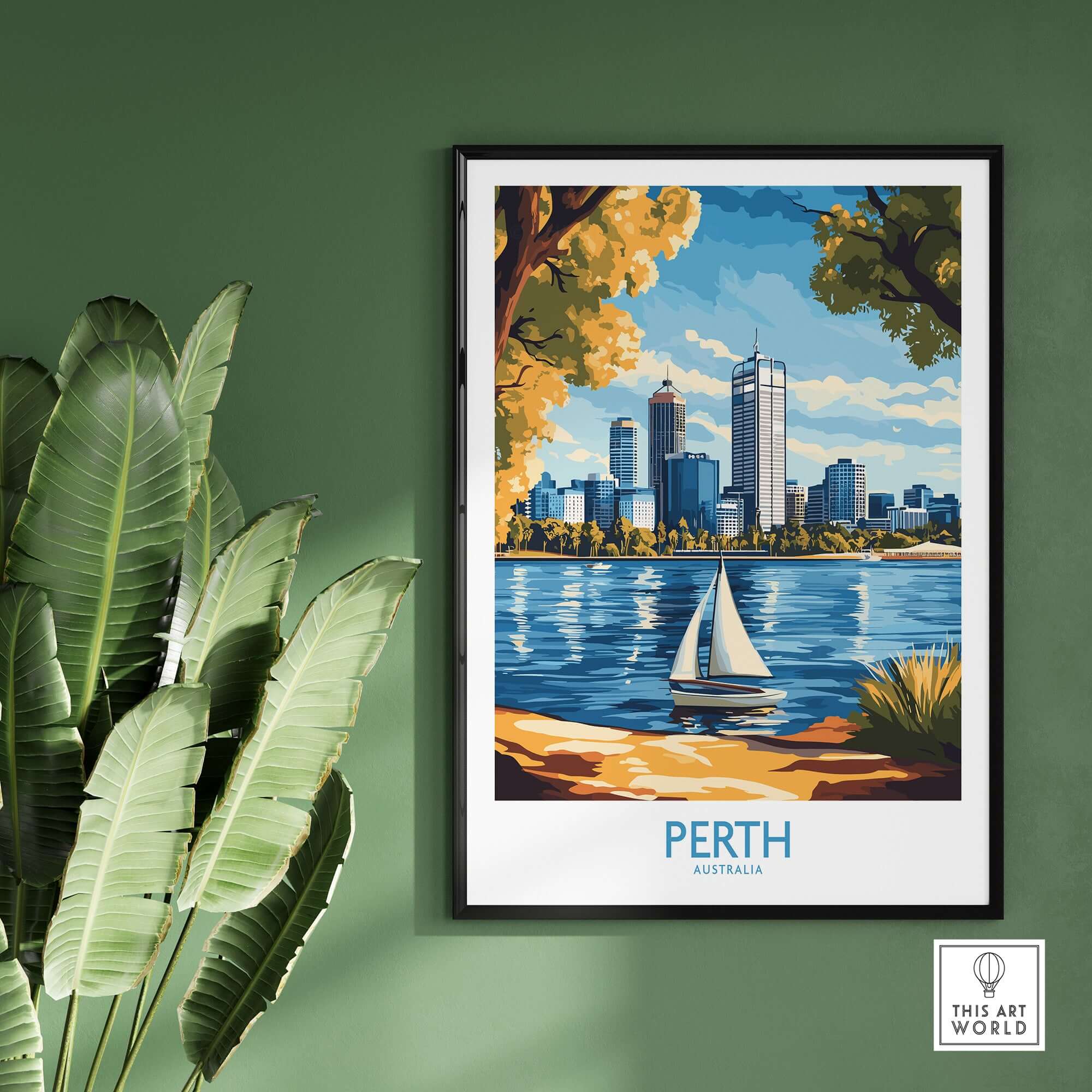 Perth Wall Art Print showcasing a vibrant cityscape with a sailboat on the water and greenery in a modern setting.