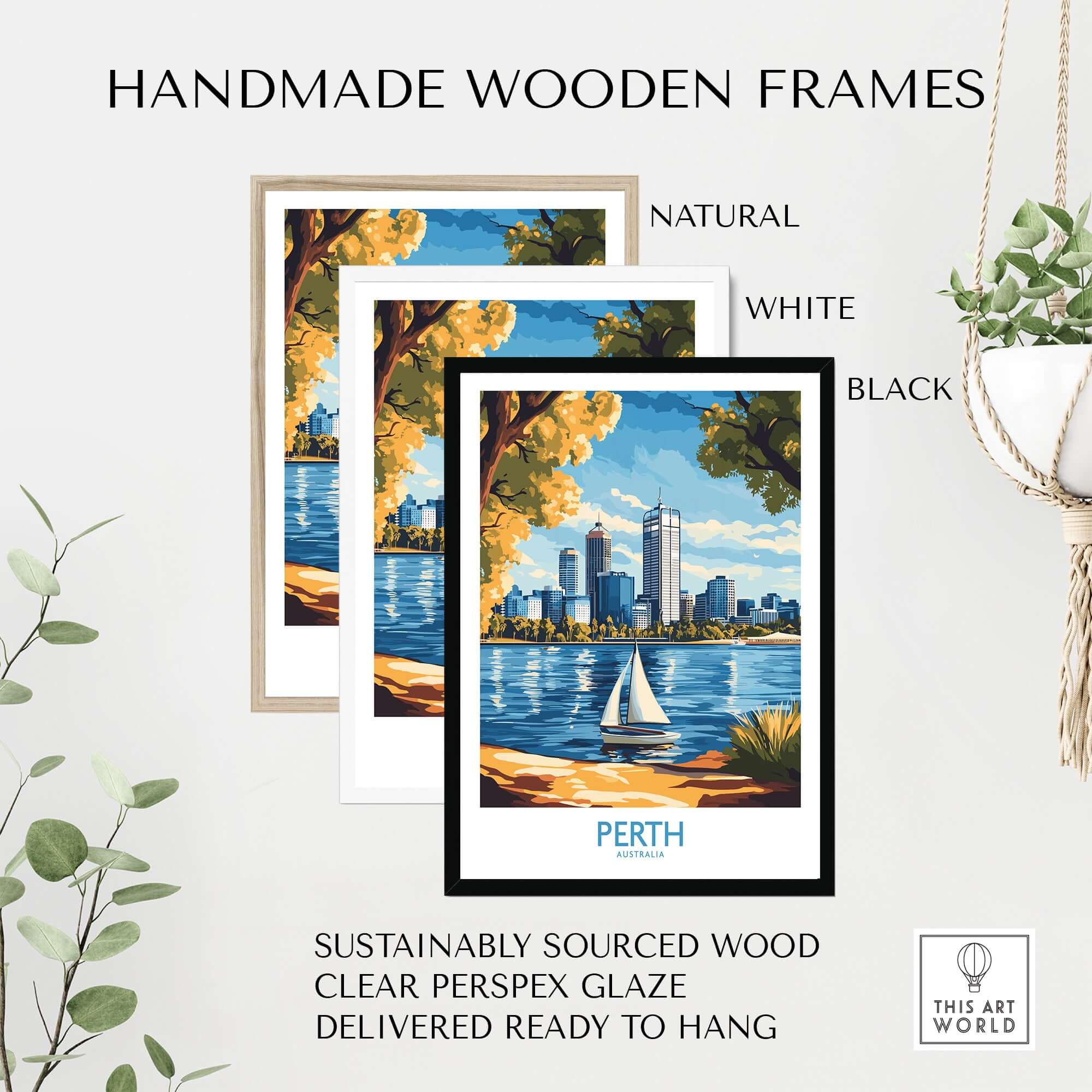 Image of handmade wooden frames in natural, white, and black, showcasing a Perth Wall Art Print with vibrant colors.