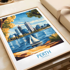 Perth Wall Art Print featuring a vibrant cityscape and sailboat, ideal for modern home decor in Australia.