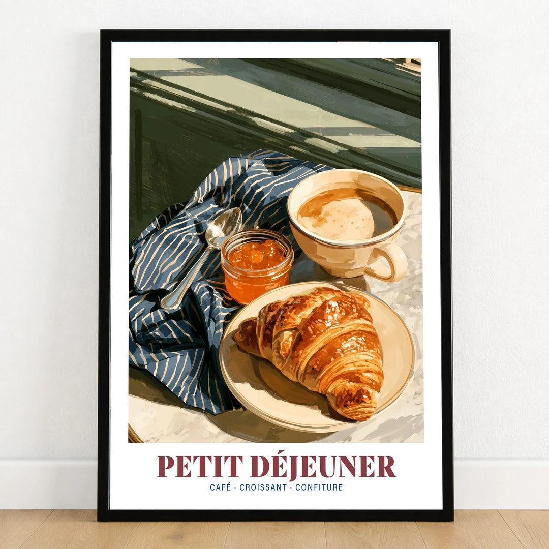 French Breakfast Kitchen Wall Art - art print in black frame on wooden floor