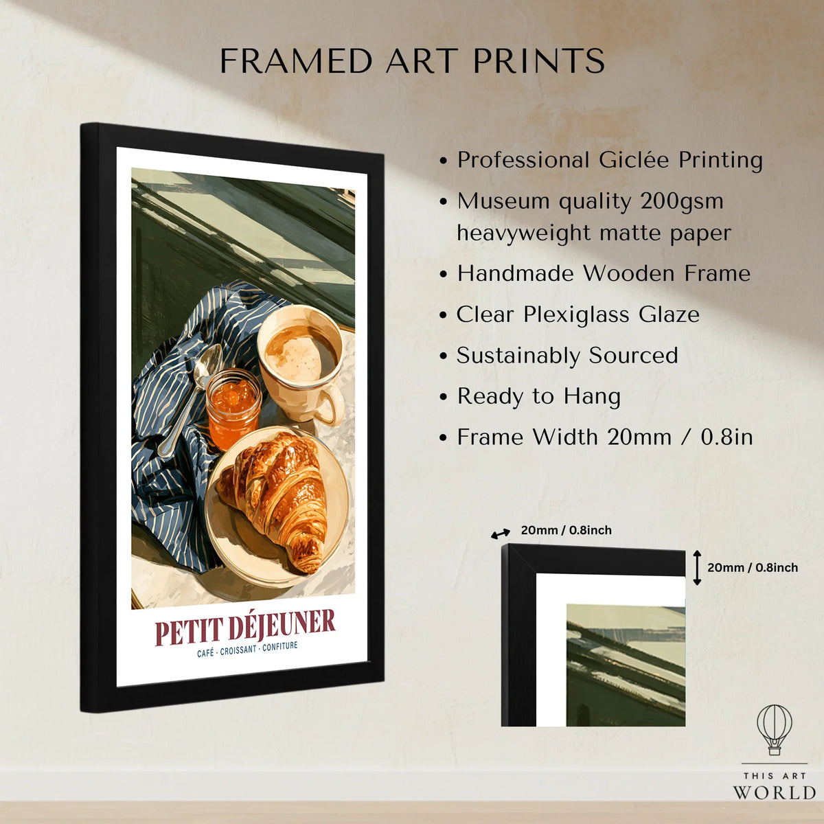 French Breakfast Kitchen Wall Art - framed print details measurements quality details