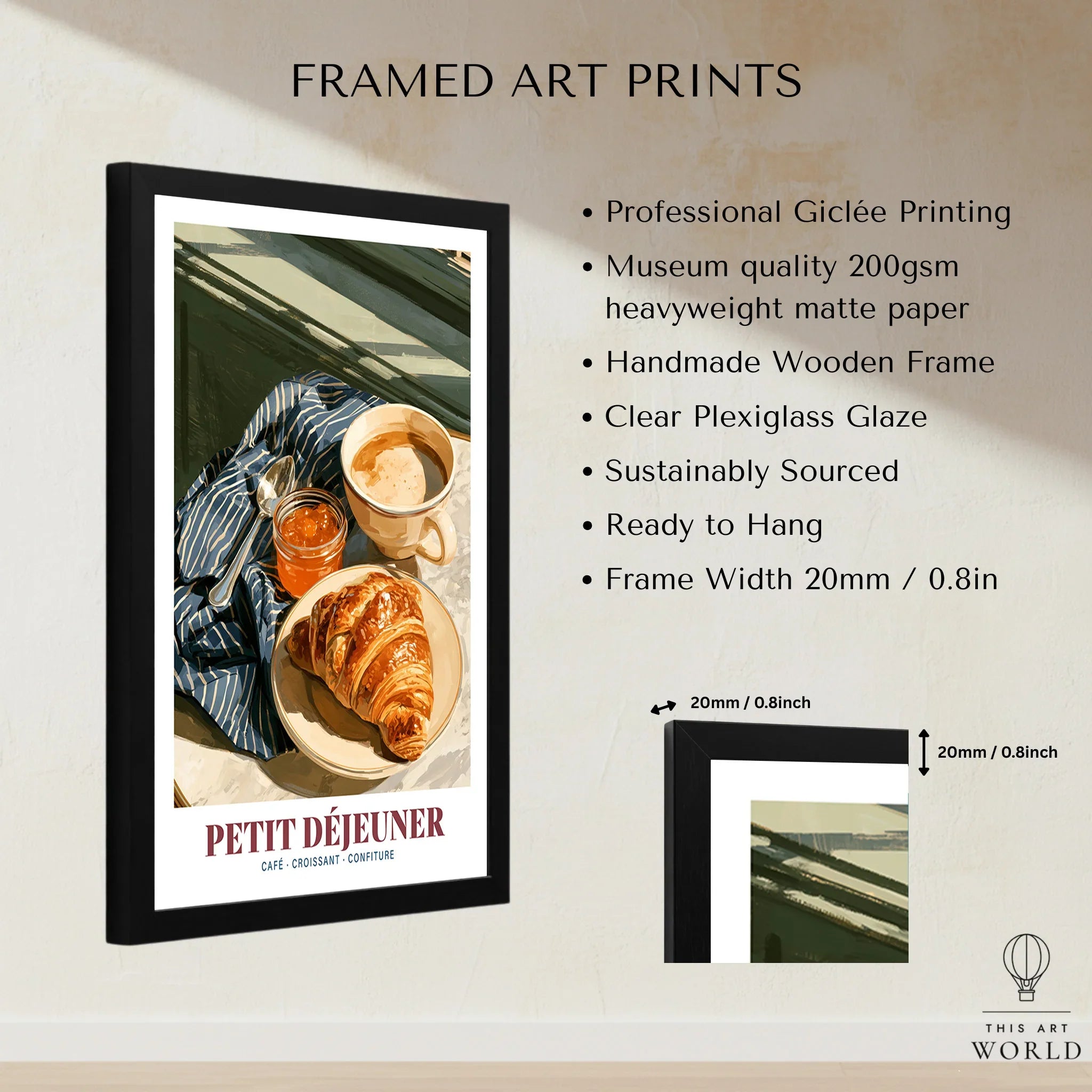 French Breakfast Kitchen Wall Art - framed print details measurements quality details