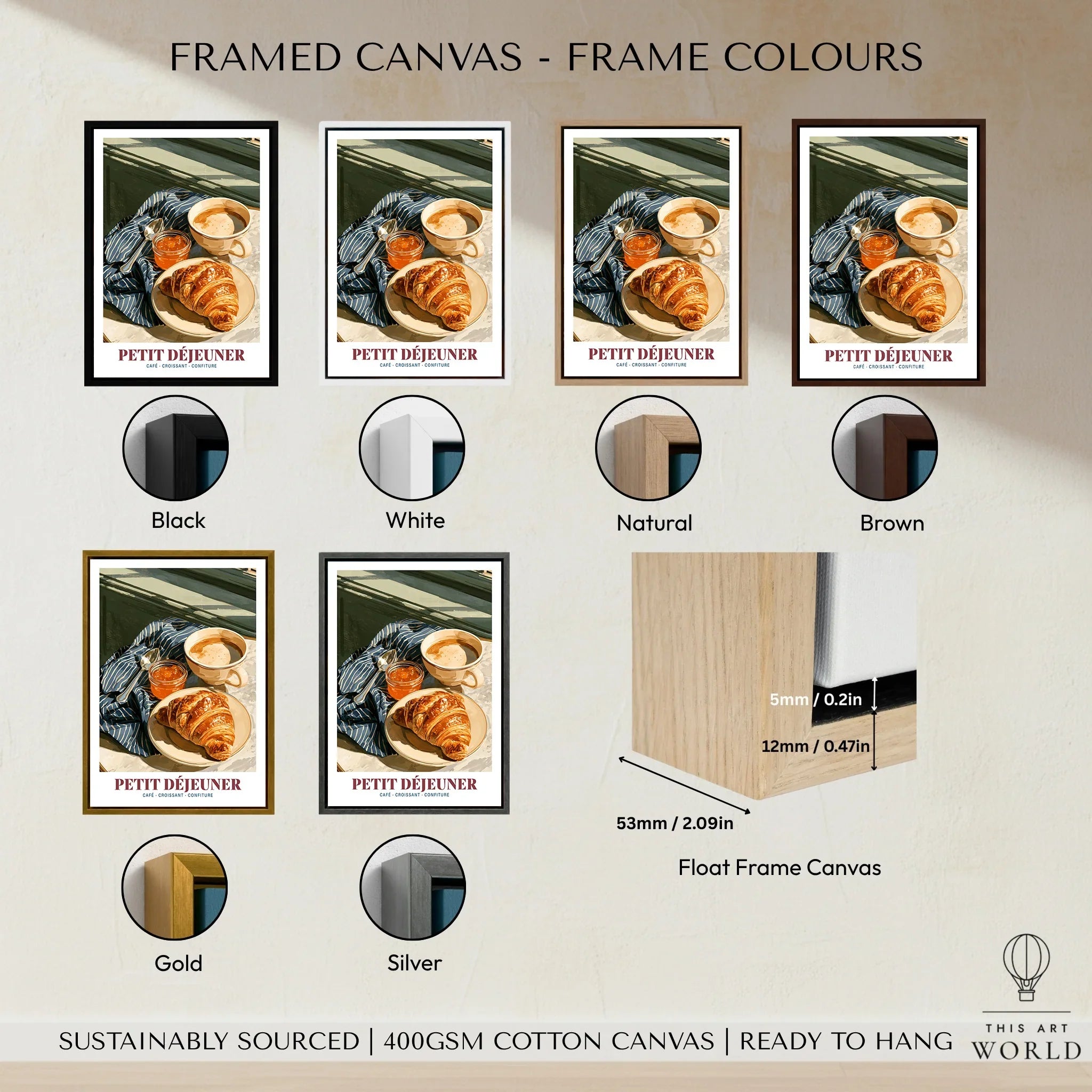 French Breakfast Kitchen Wall Art - framed canvas float frame colour options