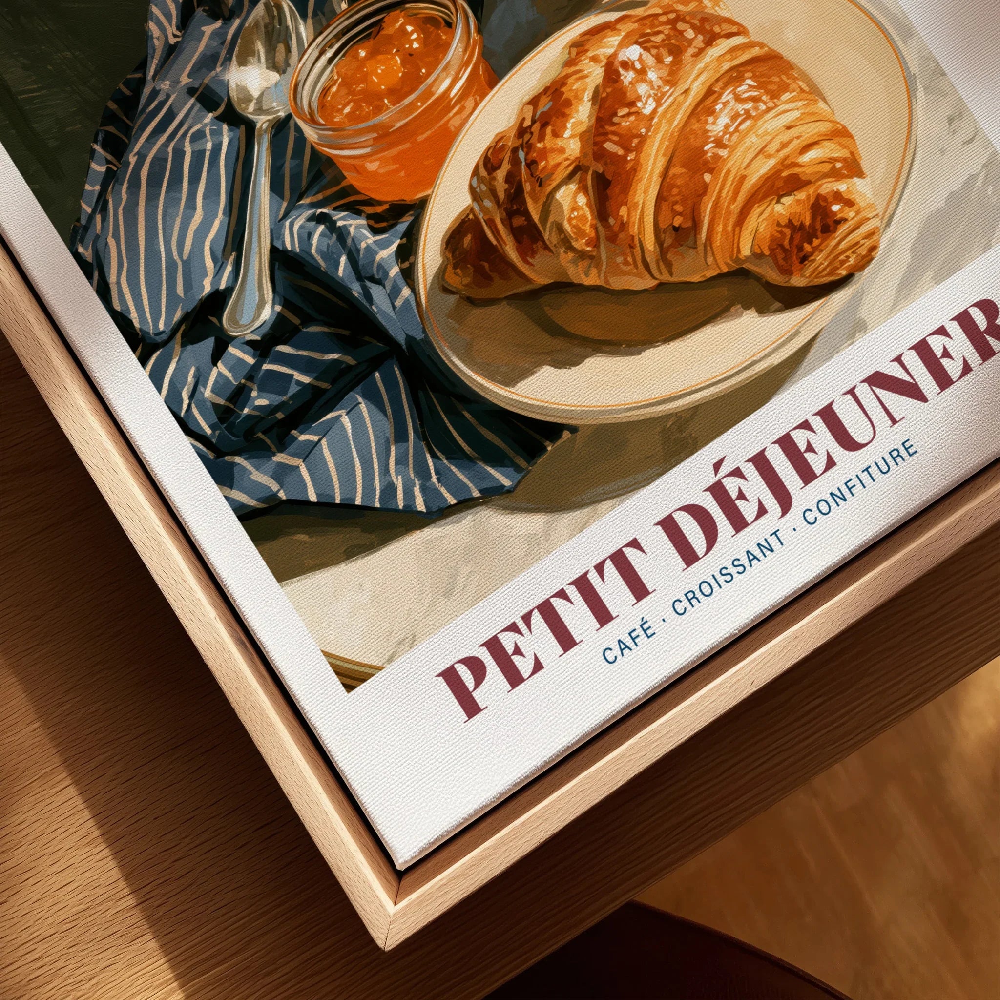 French Breakfast Kitchen Wall Art - closeup framed canvas natural wood floating frame