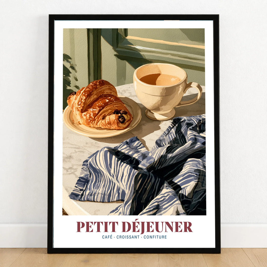 Petit Dejeuner French Kitchen Wall Art - art print in black frame on wooden floor