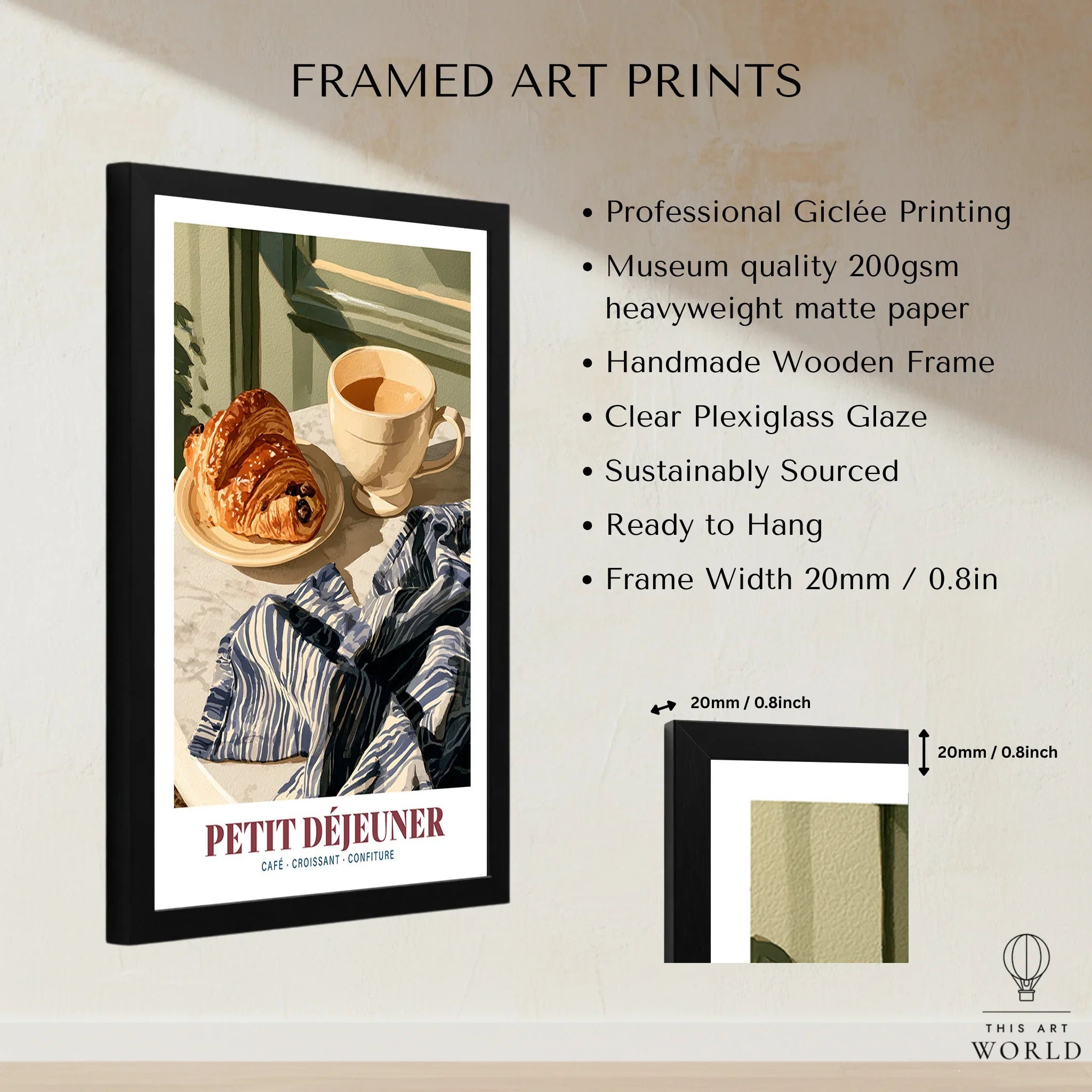 Petit Dejeuner French Kitchen Wall Art - framed print details measurements quality details
