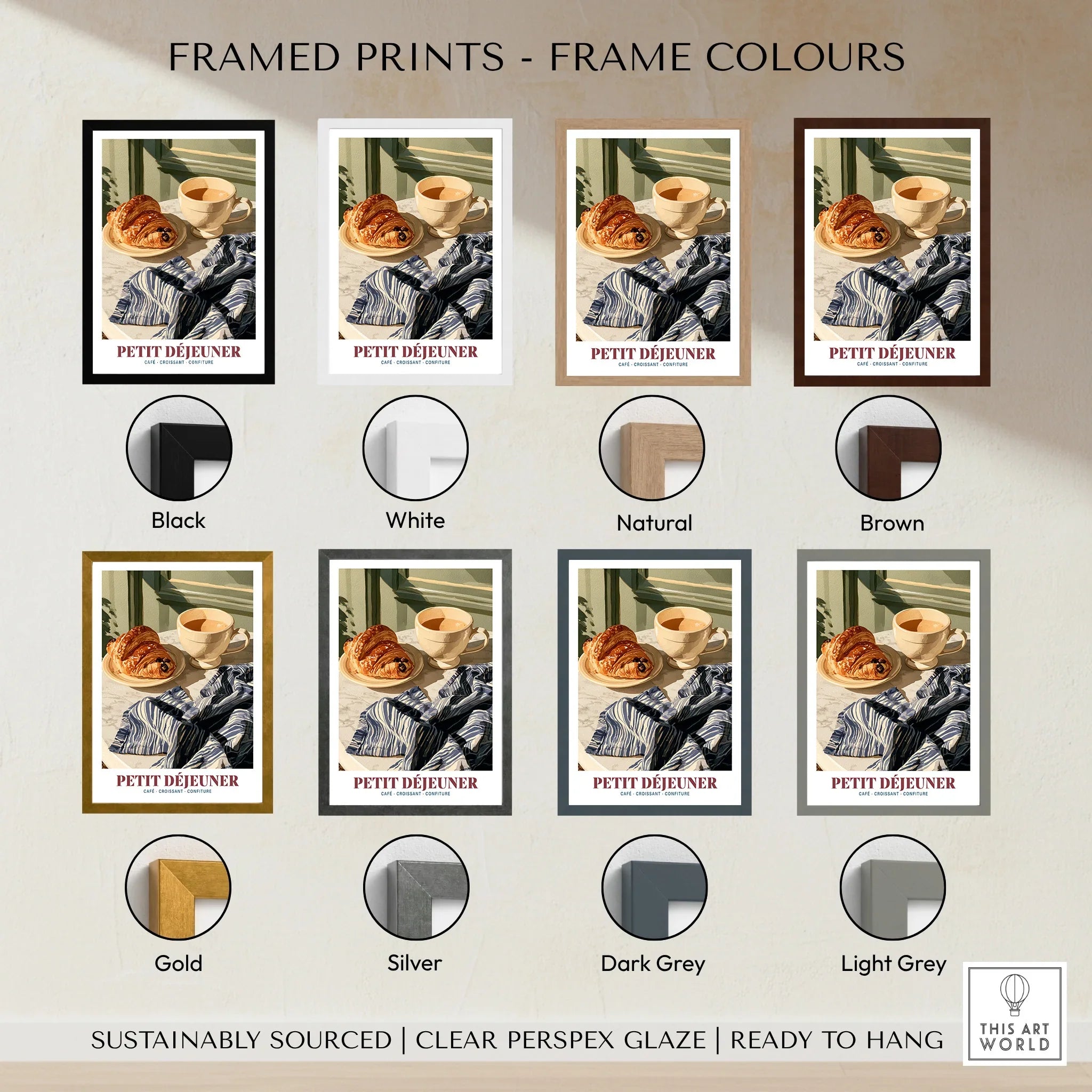 Petit Dejeuner French Kitchen Wall Art - framed print colour options
