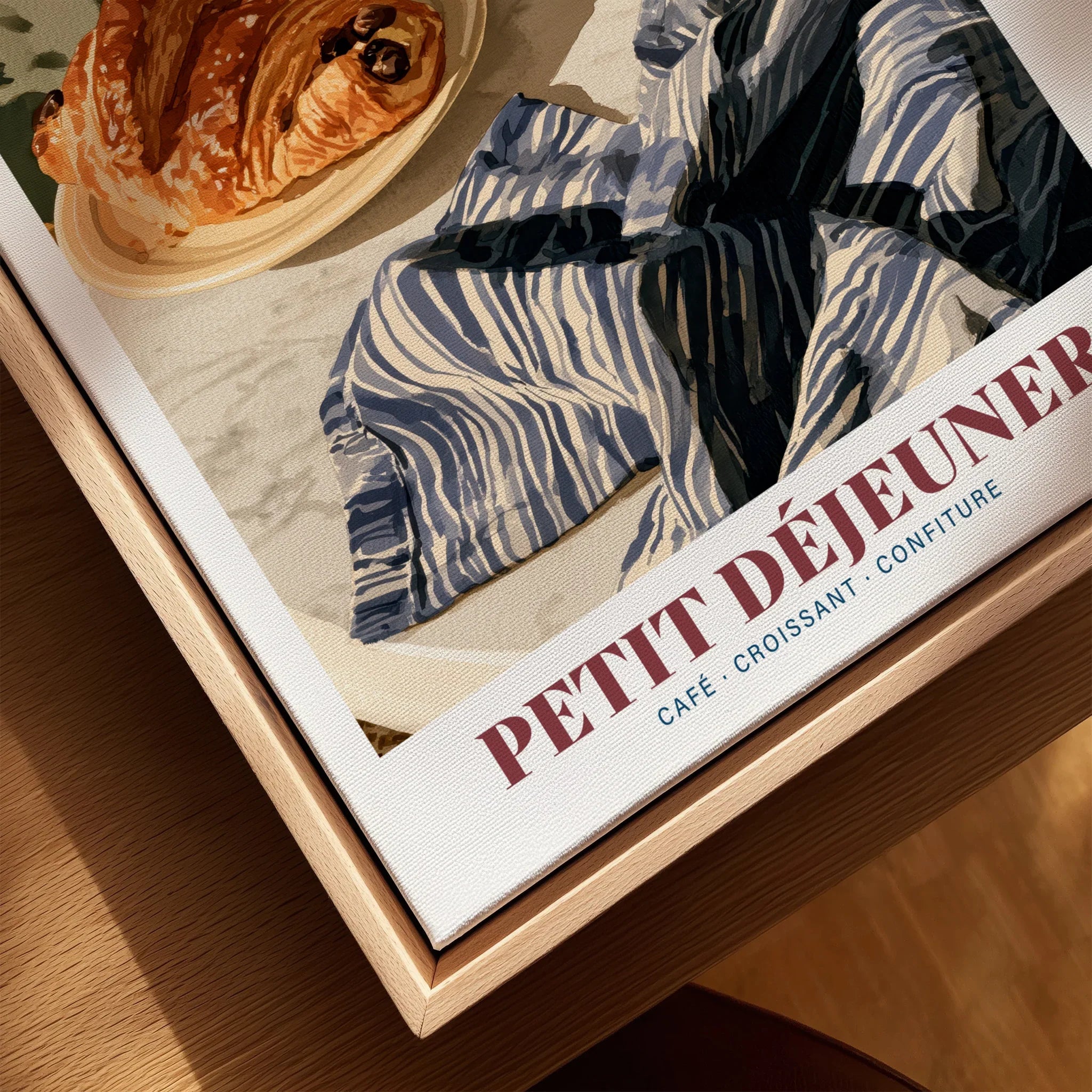 Petit Dejeuner French Kitchen Wall Art - closeup framed canvas natural wood floating frame