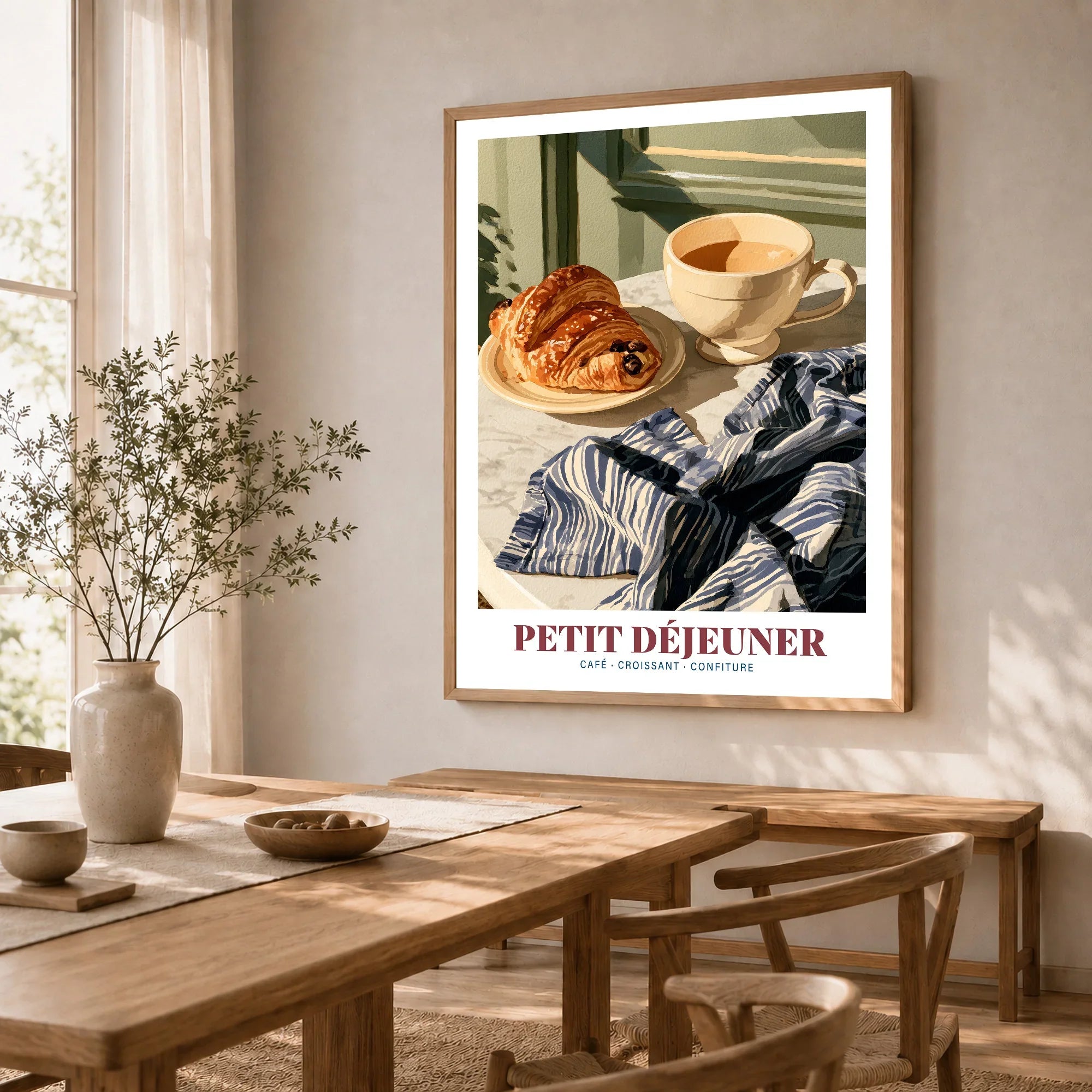 Petit Dejeuner French Kitchen Wall Art - dining room framed print natural wood frame mockup ThisArtWorld