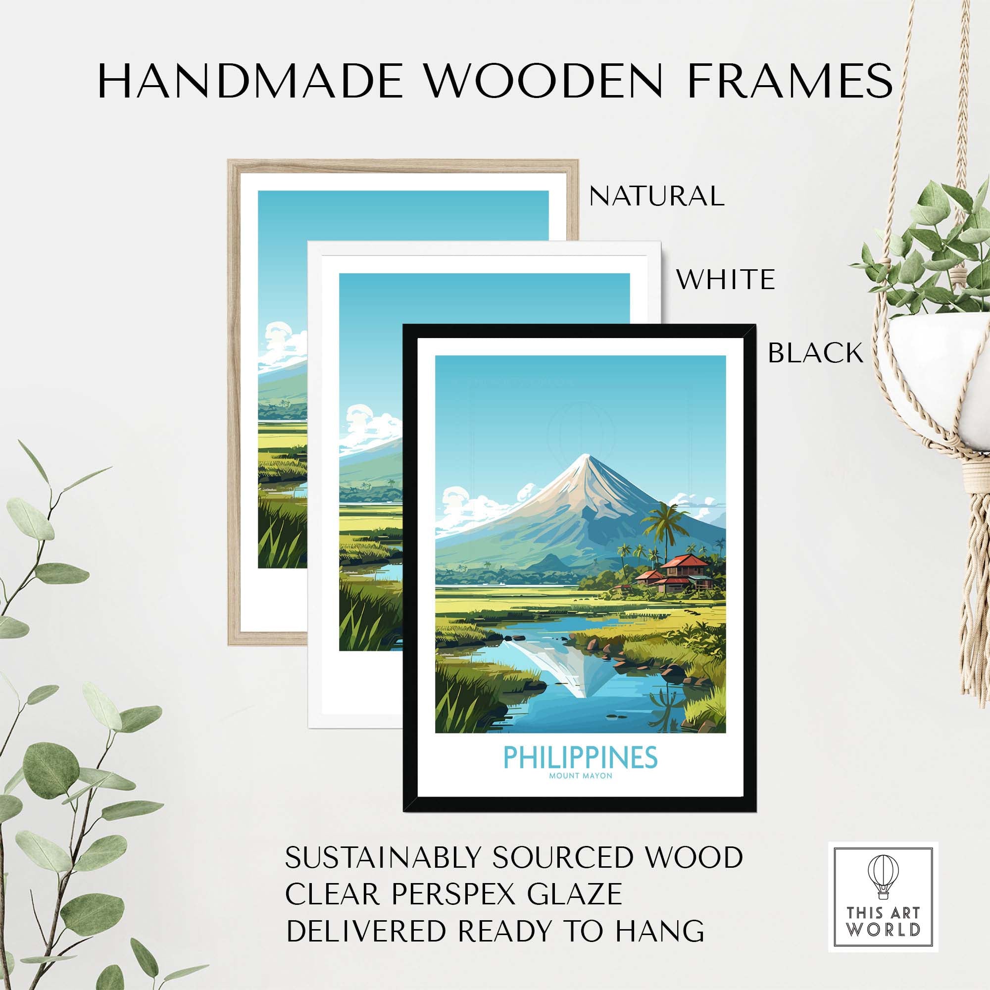 Handmade wooden frames in natural, white, and black for Philippine art print featuring Mount Mayon.