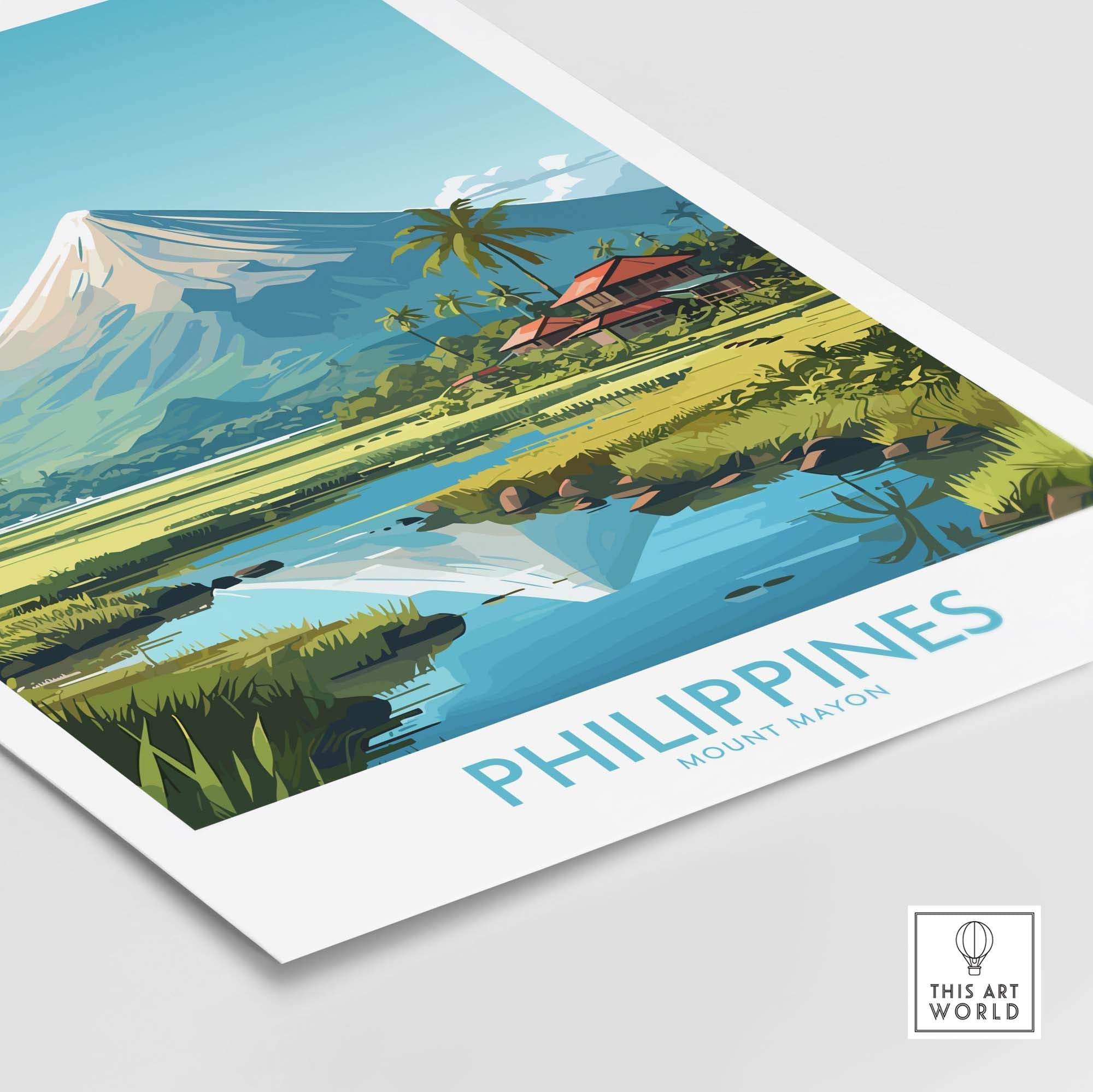 Philippines print of Mount Mayon with lush landscapes and vibrant colors, perfect for travel decor and gallery walls.