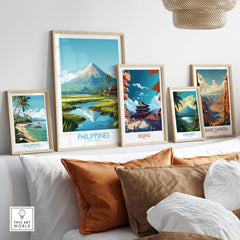 Modern travel posters featuring Philippines, Beijing, Costa Rica, and Grand Canyon displayed on a stylish wall.