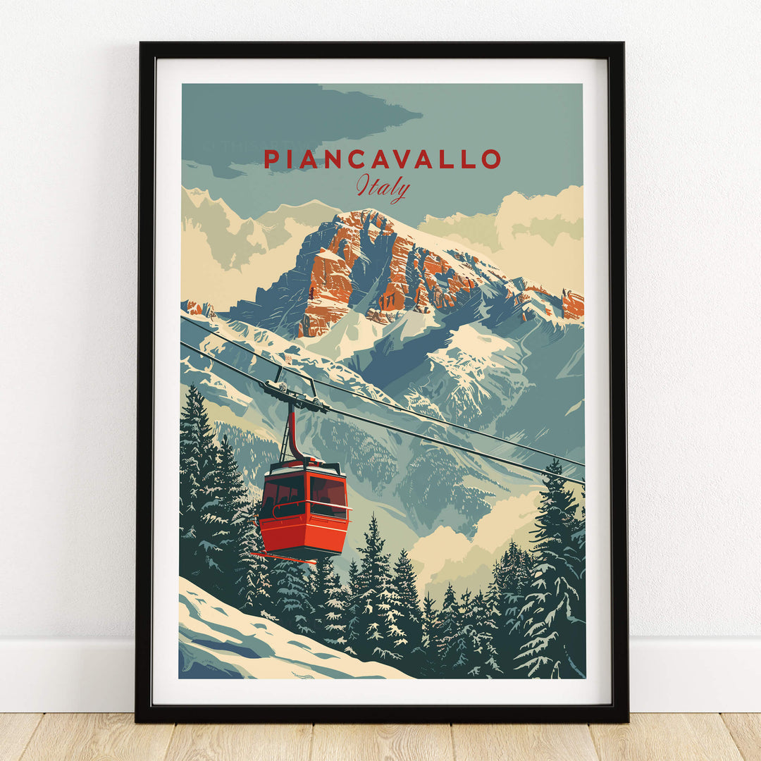 Piancavallo Travel Poster - Italy with ski lift and mountains in a stunning retro design.