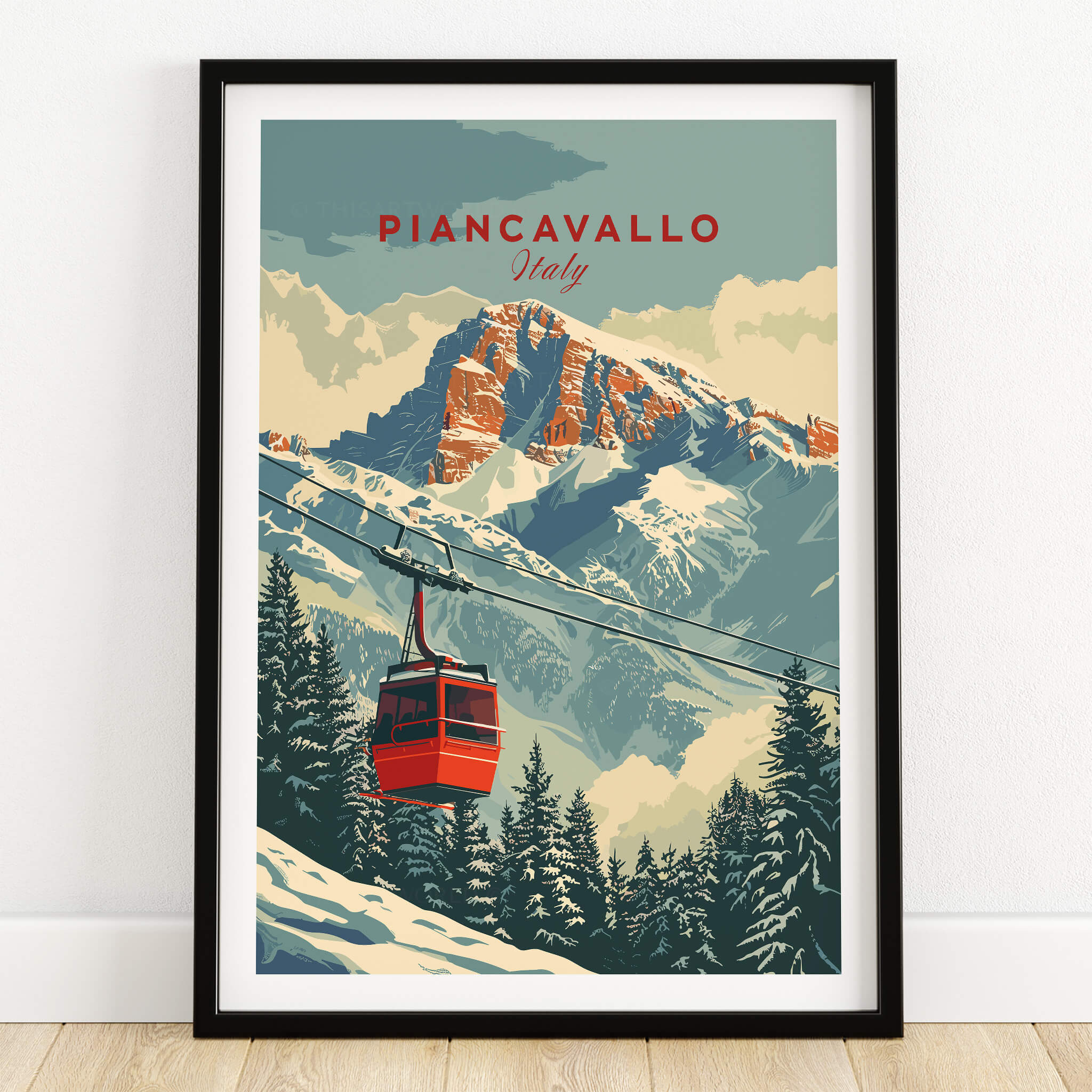 Piancavallo Travel Poster - Italy with ski lift and mountains in a stunning retro design.