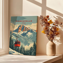 Piancavallo Travel Poster - Italy showcasing a ski lift and mountains in a beautifully lit interior setting.