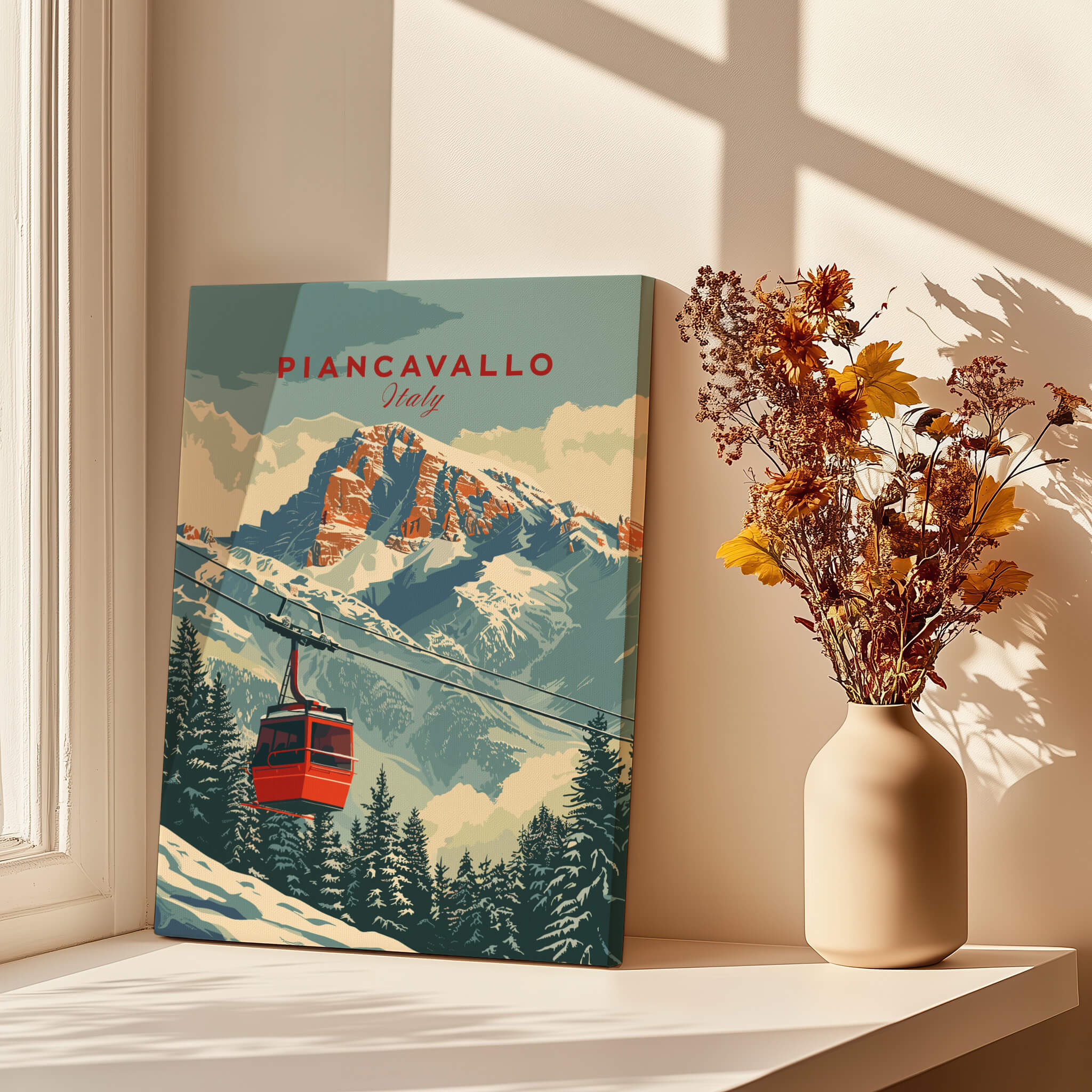 Piancavallo Travel Poster - Italy showcasing a ski lift and mountains in a beautifully lit interior setting.