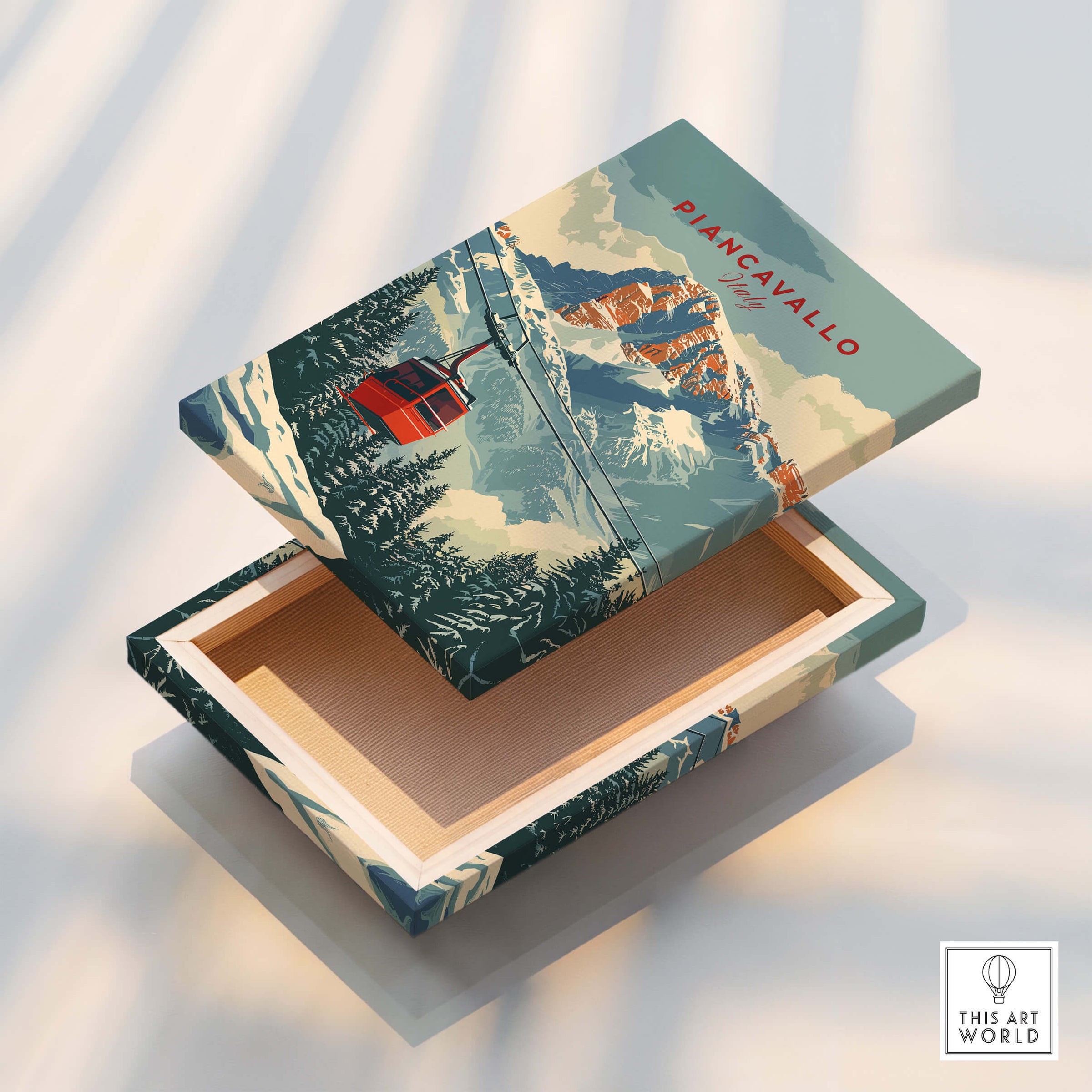 Piancavallo Travel Poster - Italy design on a decorative wooden box with a ski theme.