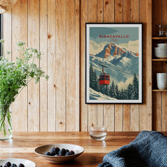 Piancavallo Travel Poster - Italy showcased in a cozy wooden interior with a stunning ski print.
