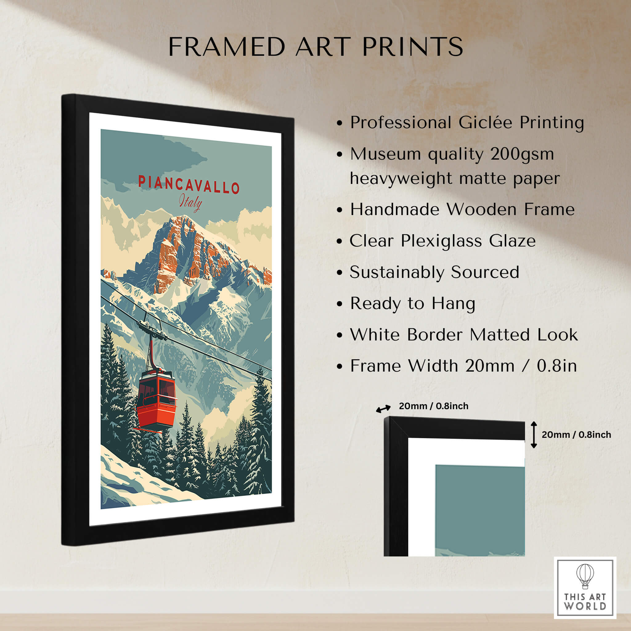 Piancavallo Travel Poster - Italy framed art print featuring ski gondola and mountain scenery.
