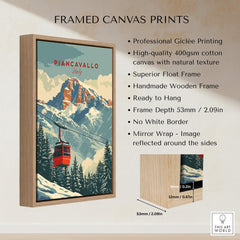 Piancavallo Travel Poster - Italy framed canvas print showcasing a ski resort design with mountains.