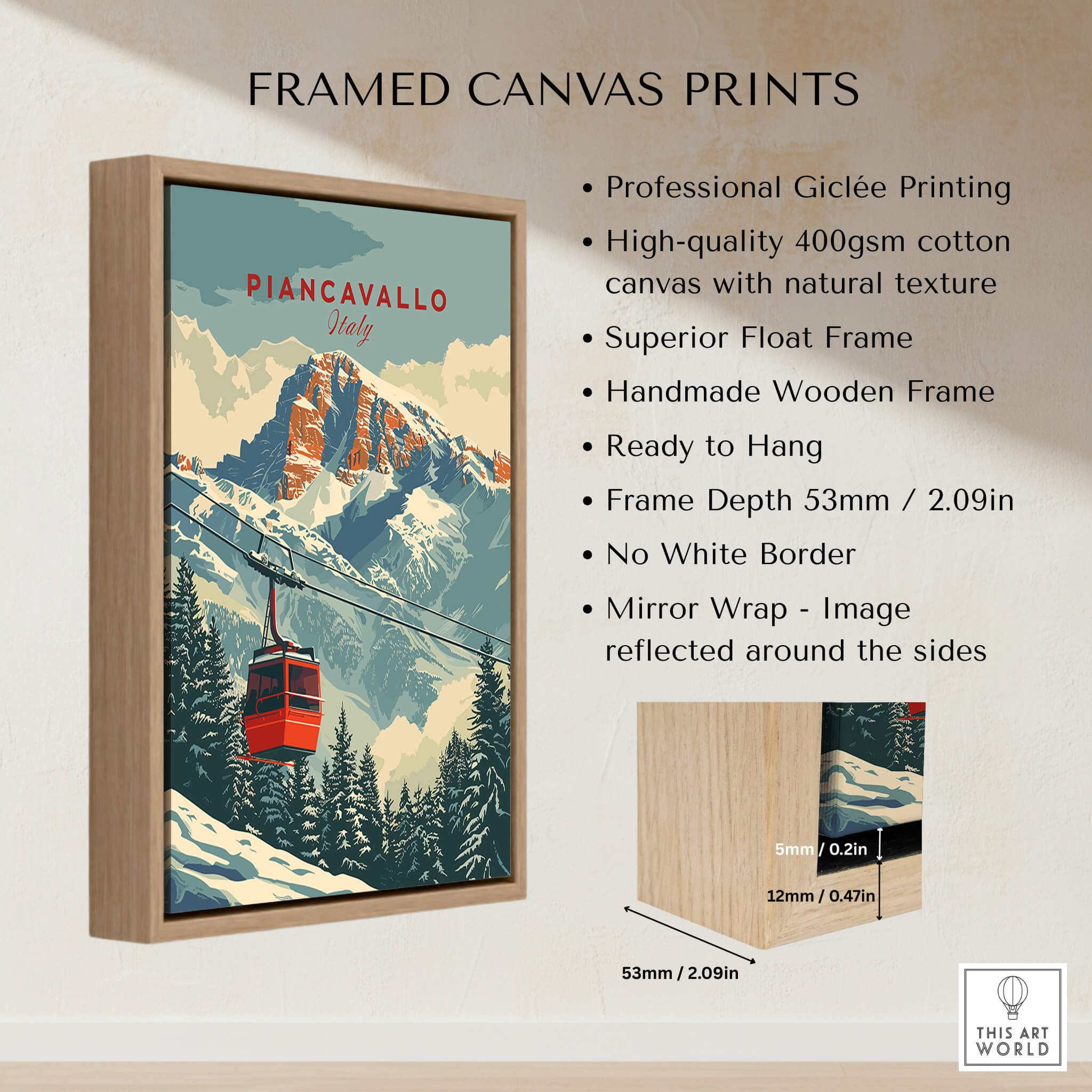 Piancavallo Travel Poster - Italy framed canvas print showcasing a ski resort design with mountains.