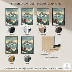 Piancavallo Travel Poster - Italy framed canvas options in various colors including Black, White, Natural, Brown, Gold, Silver.