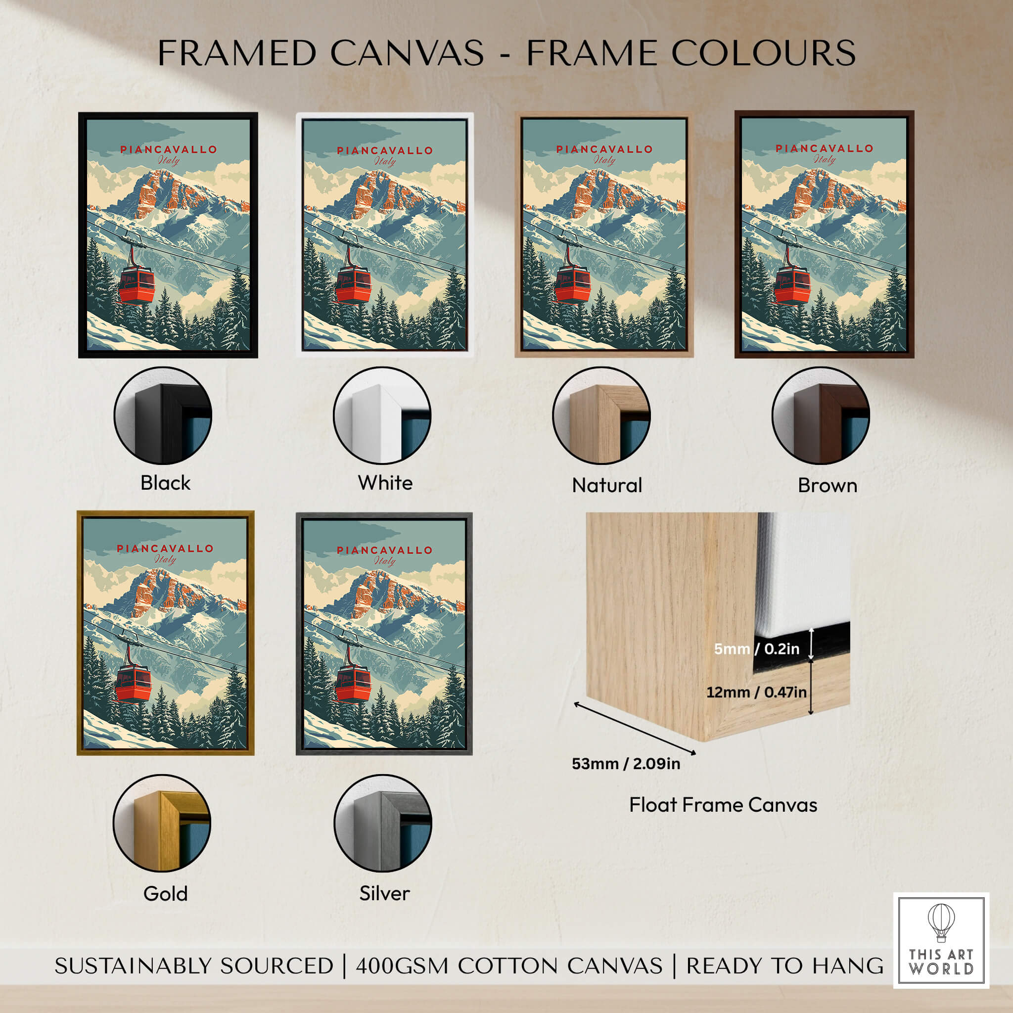 Piancavallo Travel Poster - Italy framed canvas options in various colors including Black, White, Natural, Brown, Gold, Silver.