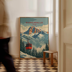 Piancavallo Travel Poster - Italy featuring a gondola in a mountain landscape, perfect for ski enthusiasts.