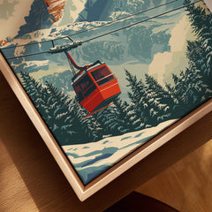 Piancavallo Travel Poster - Italy featuring a vibrant ski gondola against a snowy mountain backdrop