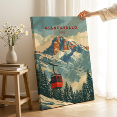 Piancavallo Travel Poster - Italy showcasing a ski gondola in a snowy mountain landscape.