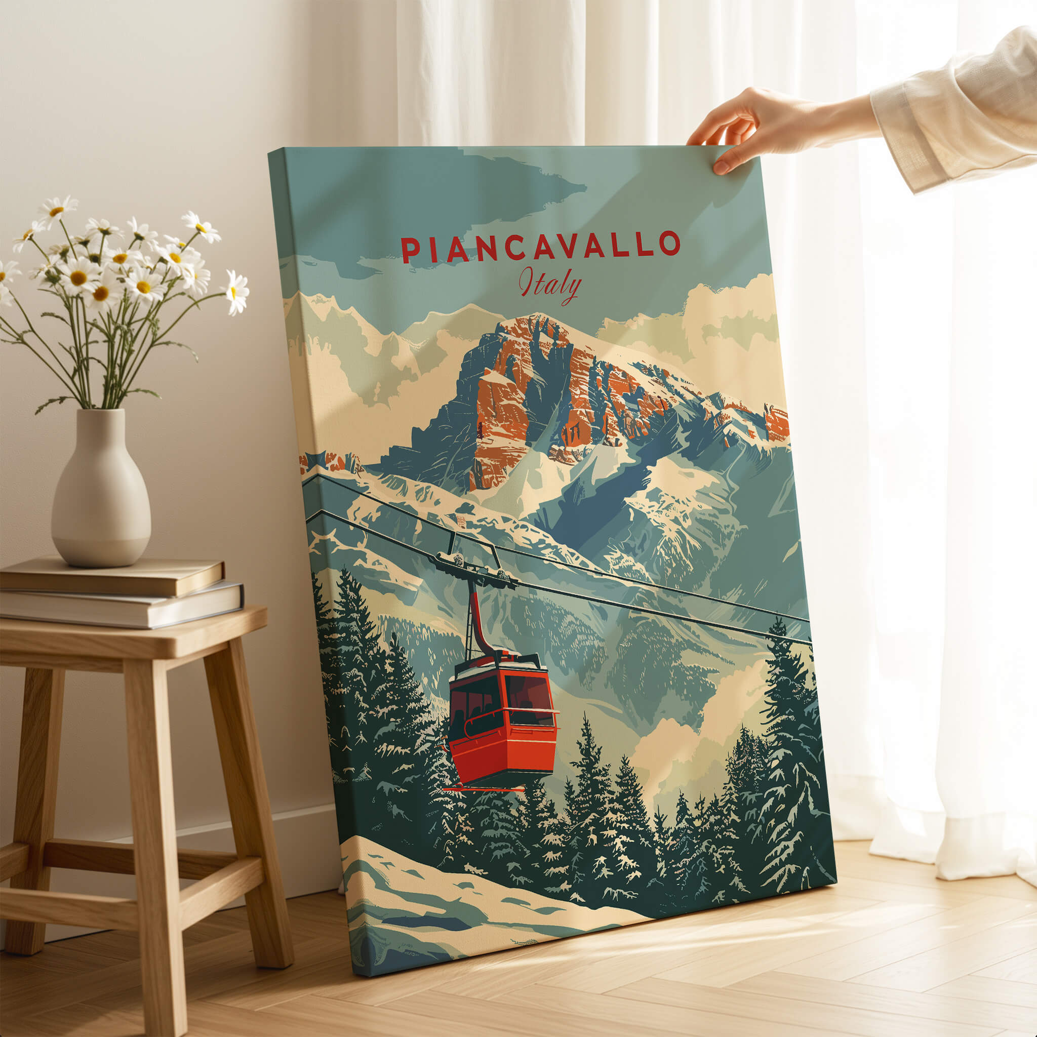 Piancavallo Travel Poster - Italy showcasing a ski gondola in a snowy mountain landscape.