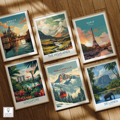 Piancavallo Travel Poster -  Italy among framed travel posters of Venice, Paris, Singapore, The Highlands, and Sri Lanka.