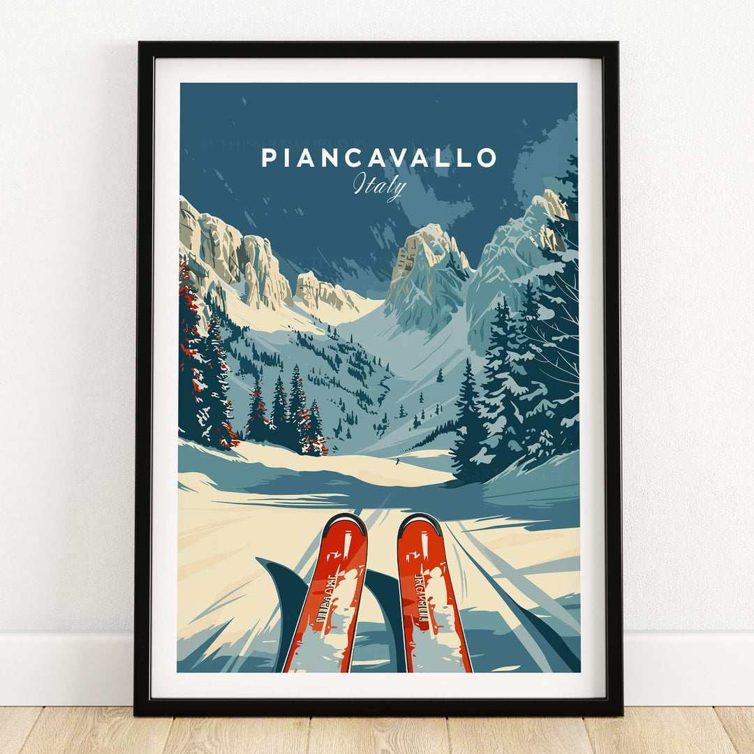 Piancavallo Ski Poster - Italy featuring skis and mountain landscape, perfect for home decor.