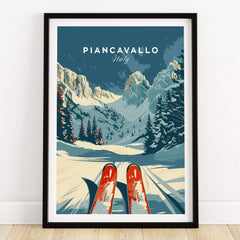 Piancavallo Ski Poster - Italy featuring skis and mountain landscape, perfect for home decor.
