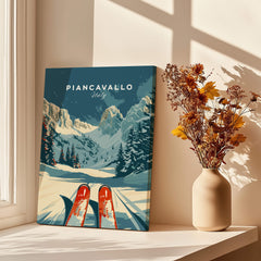 Piancavallo Ski Poster - Italy showcasing skis and a winter landscape in a cozy home setting.