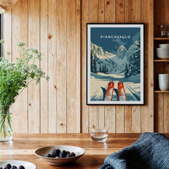 Piancavallo Ski Poster - Italy displayed in a wooden interior, featuring skis and snowy mountains.