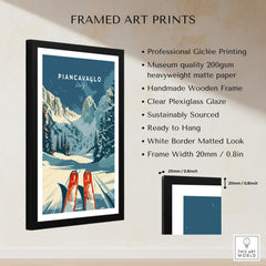 Piancavallo Ski Poster - Italy showcasing framed art print with snow-covered mountains and skis.