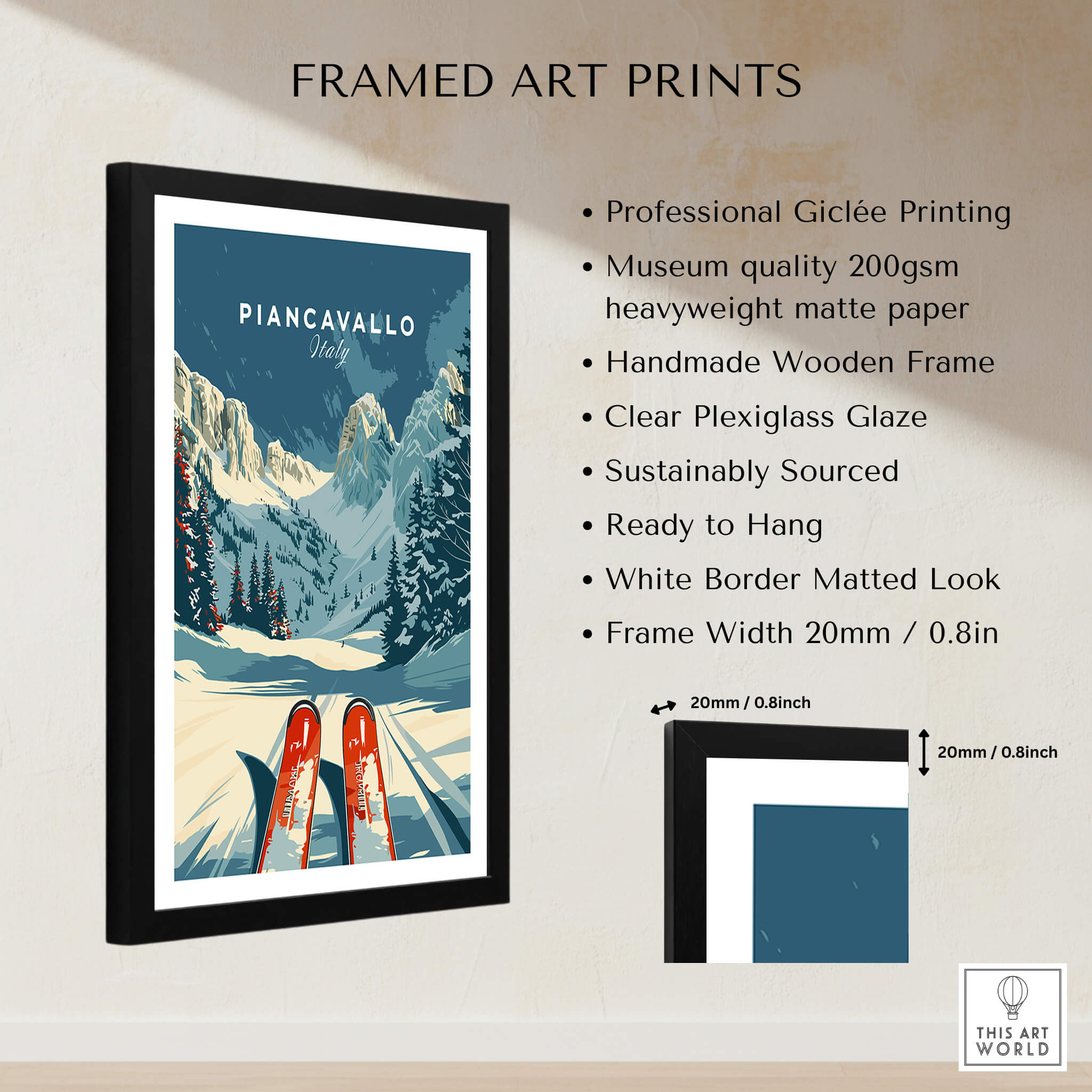 Piancavallo Ski Poster - Italy showcasing framed art print with snow-covered mountains and skis.