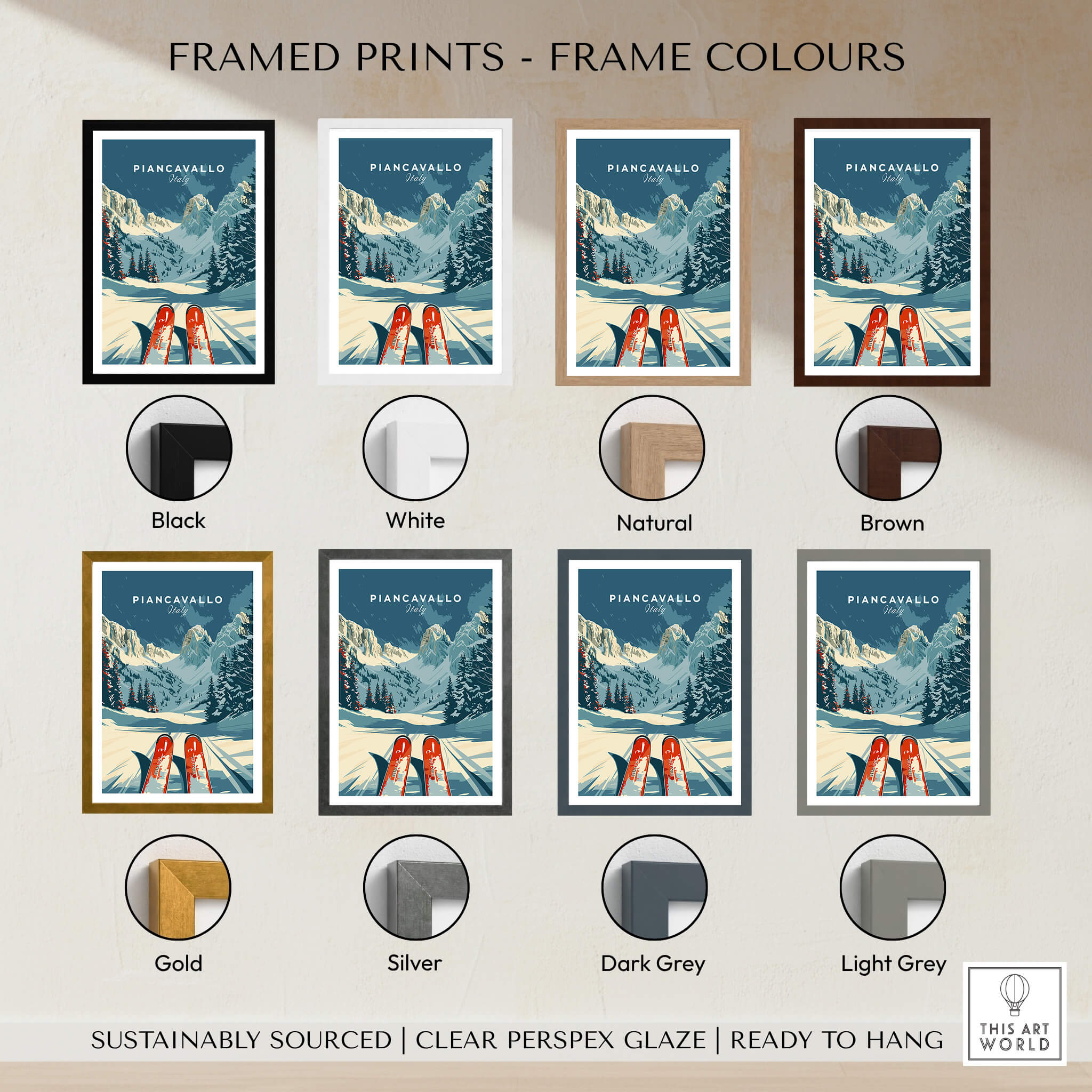 Piancavallo Ski Poster - Italy framed print options in various colors including black, white, natural, and brown.
