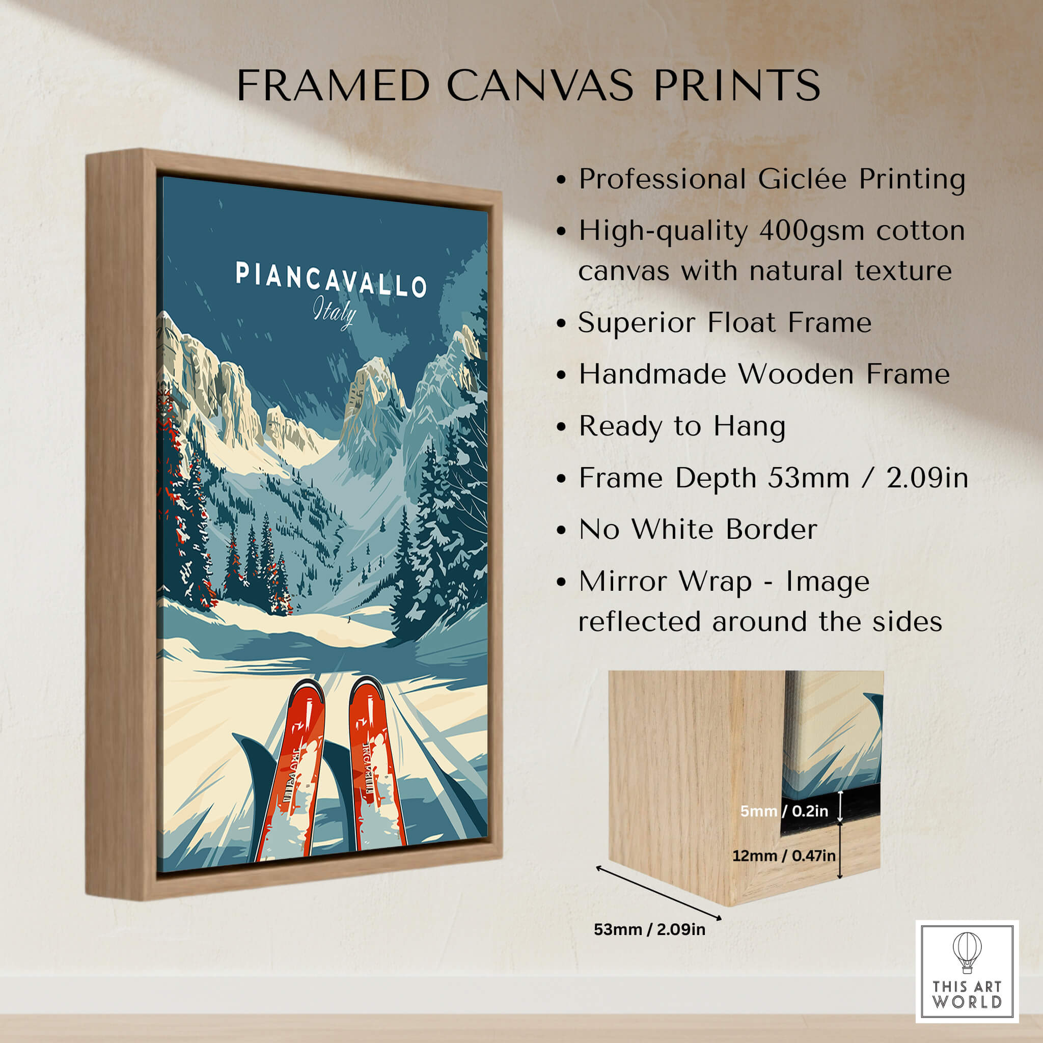 Piancavallo Ski Poster - Italy framed canvas print showcasing stunning ski landscape with wooden frame.