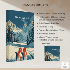 Piancavallo Ski Poster - Italy showcasing professional giclée printing on high-quality canvas with skiing visuals.