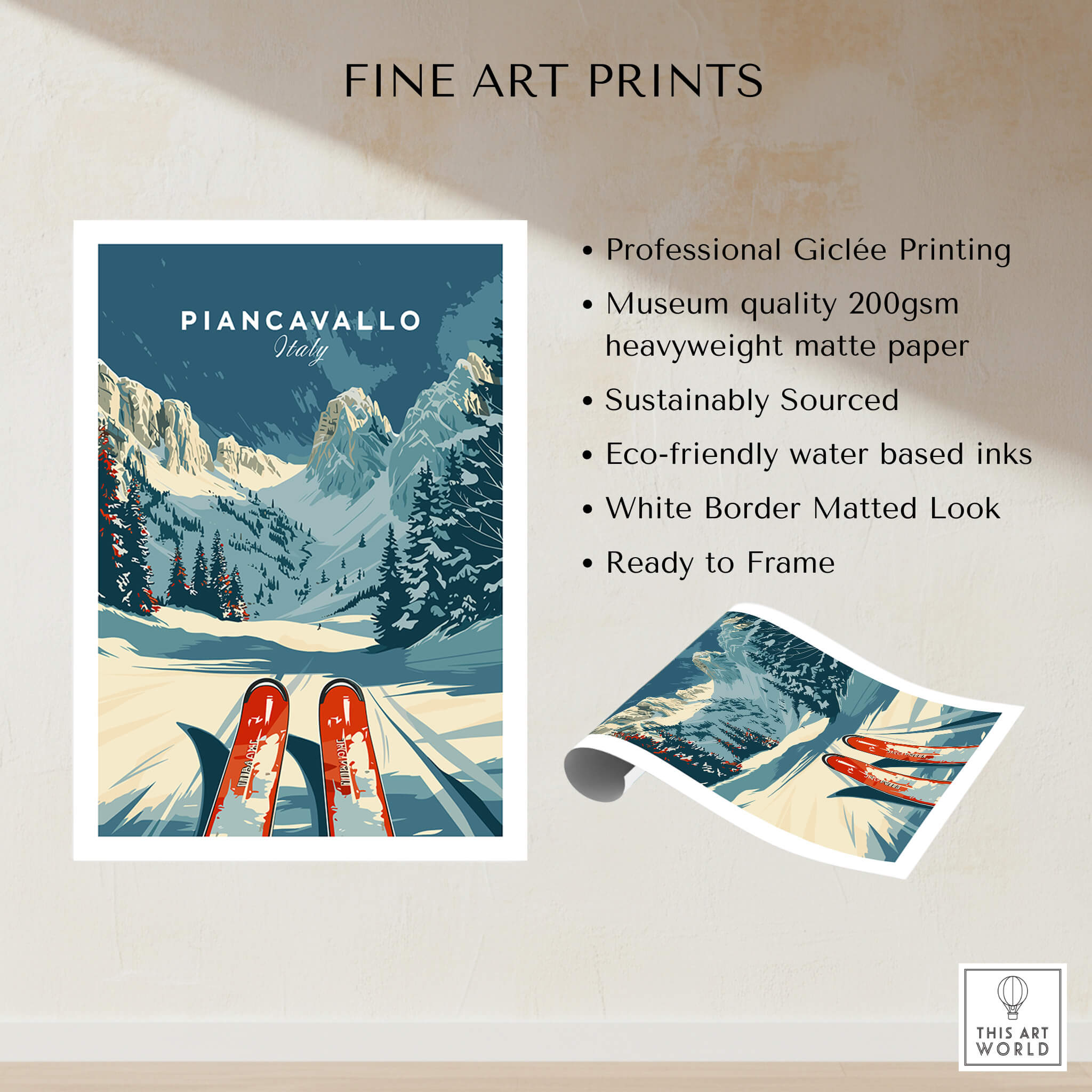 Piancavallo Ski Poster -  Italy displayed with fine art print features including giclée printing and eco-friendly materials.