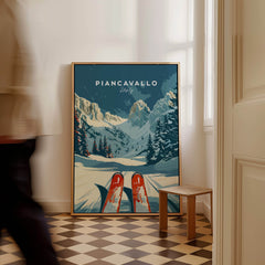 Piancavallo Ski Poster - Italy displayed in a cozy room, featuring snowy mountains and skis in a beautiful frame.