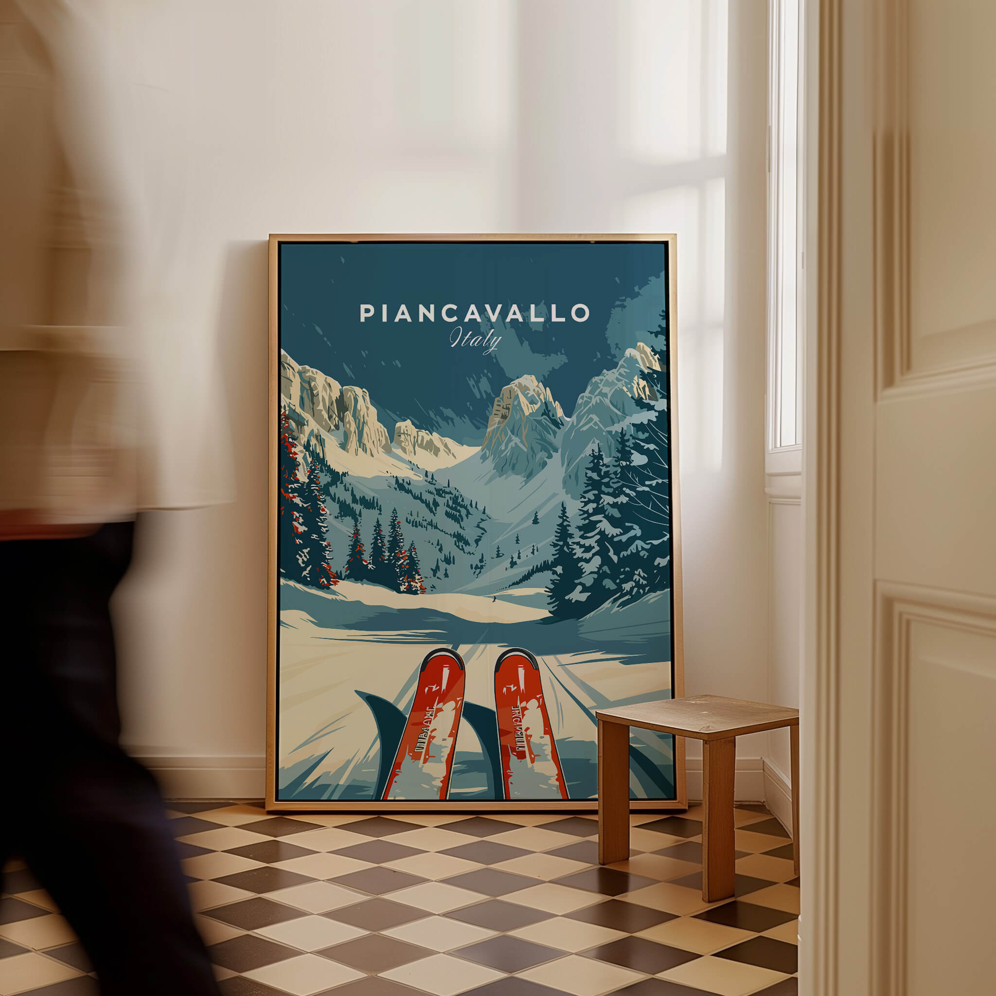 Piancavallo Ski Poster - Italy displayed in a cozy room, featuring snowy mountains and skis in a beautiful frame.