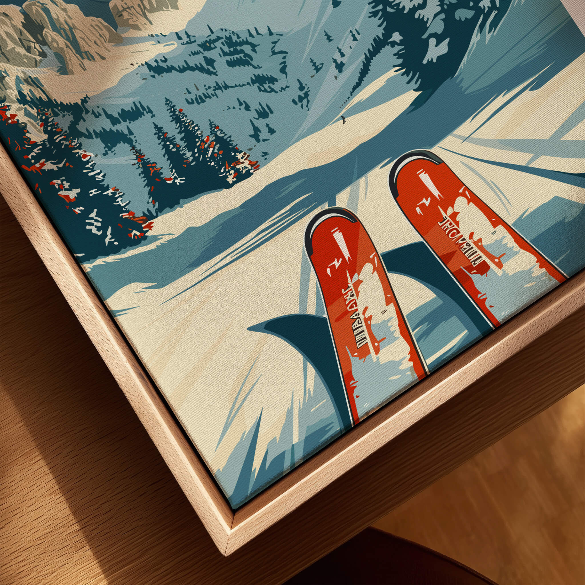 Piancavallo Ski Poster - Italy featuring red skis on a snowy slope with mountains in the background.